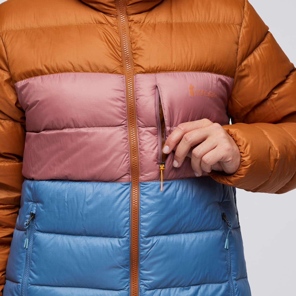 Fuego Max Down Hooded Jacket - Women's, Sienna/Fjord, Model Aya
