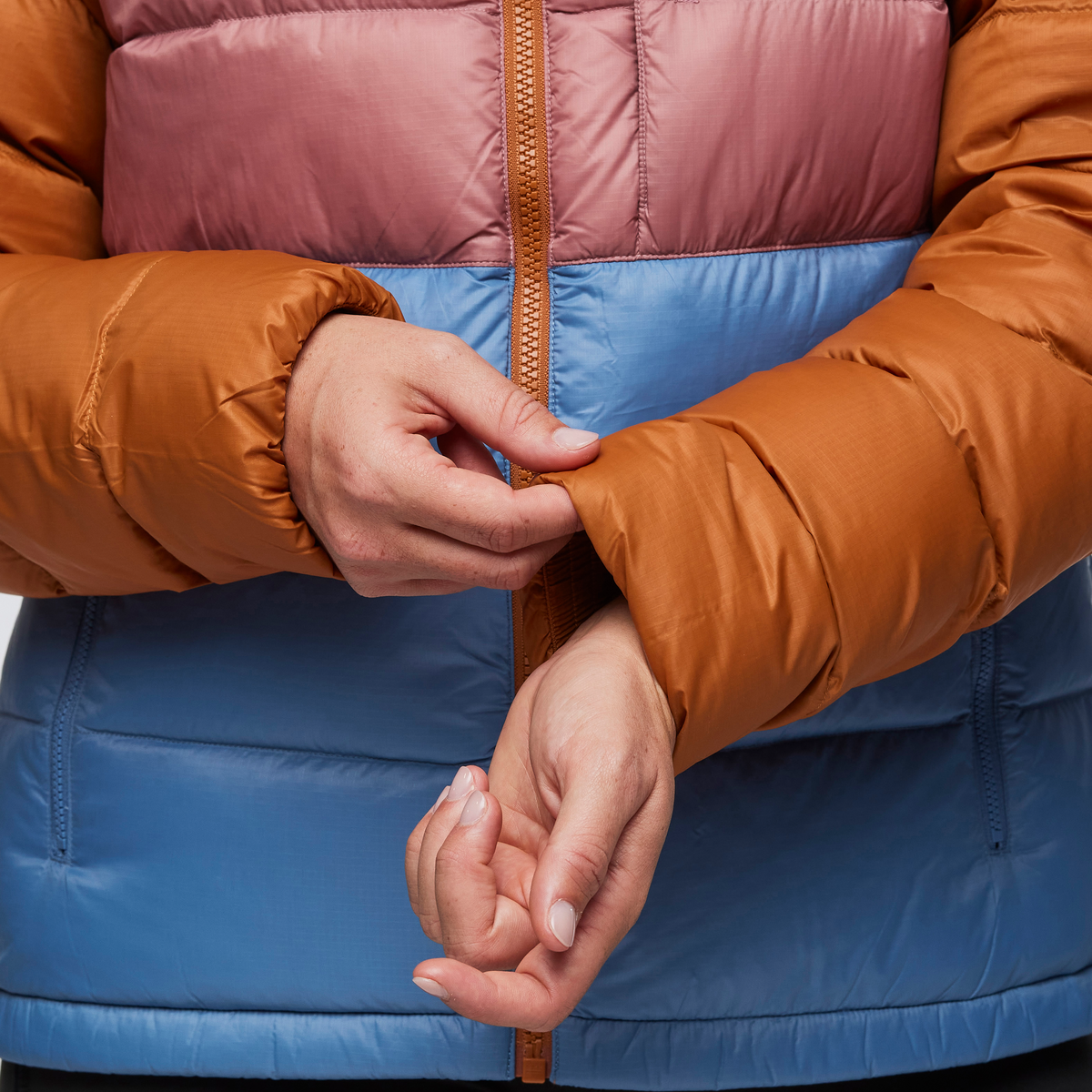 Fuego Max Down Hooded Jacket - Women's, Sienna/Fjord, Model Aya