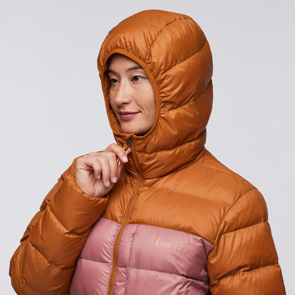 Fuego Max Down Hooded Jacket - Women's, Sienna/Fjord, Model Aya