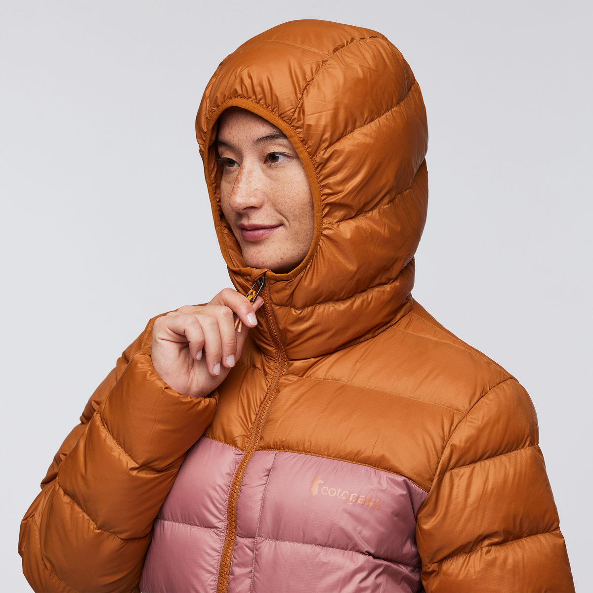 Fuego Max Down Hooded Jacket - Women's, Sienna/Fjord, Model Aya