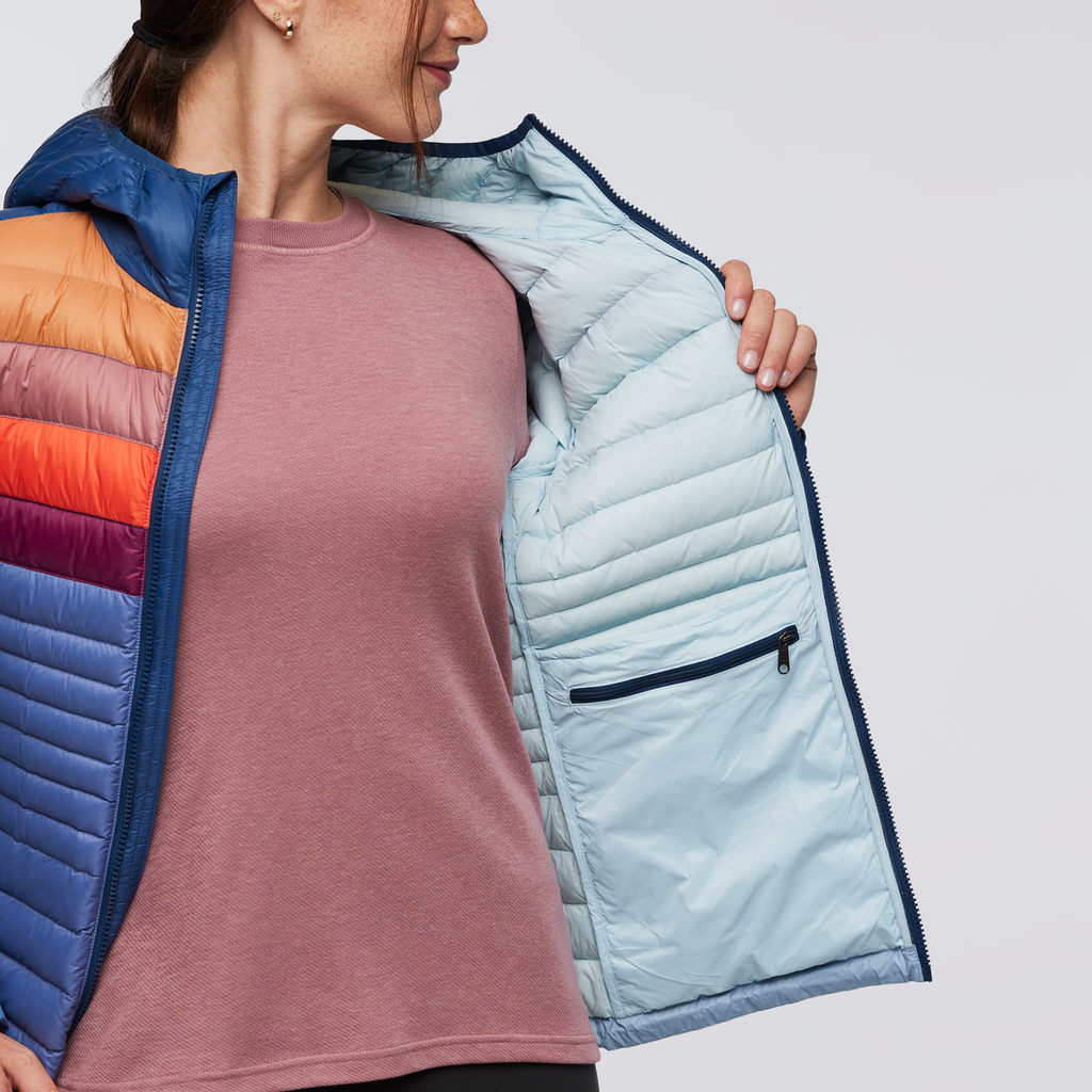 Funky Fuego Down Hooded Jacket - Women's, Deep Sea Combo, Model Aya