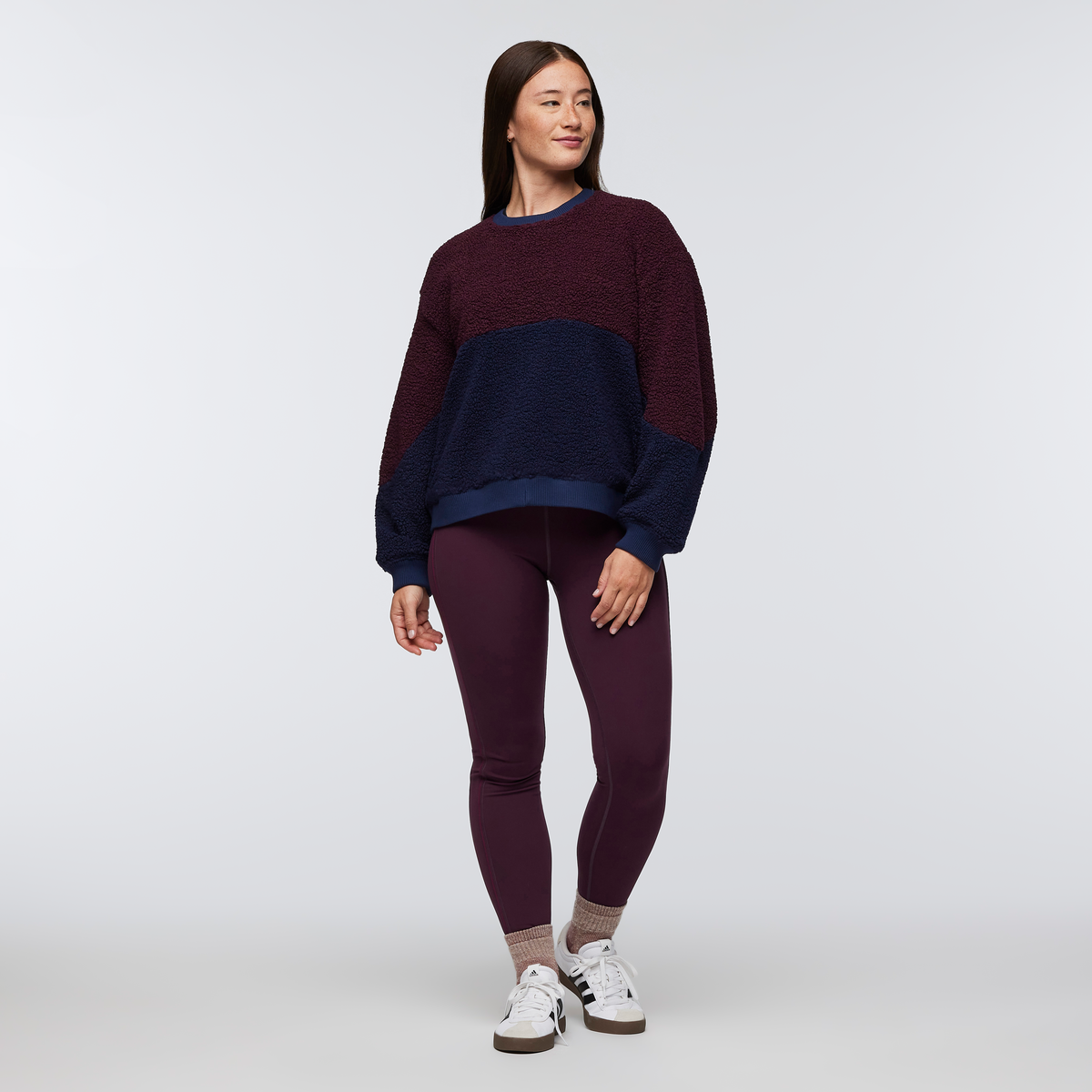 High Pile Fleece Crew - Women's, Wine/Maritime, Model Aya