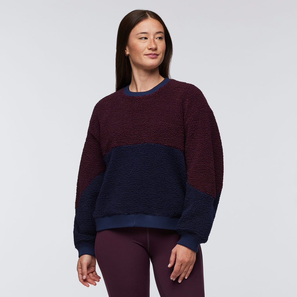 High Pile Fleece Crew - Women's, Wine/Maritime, Model Aya