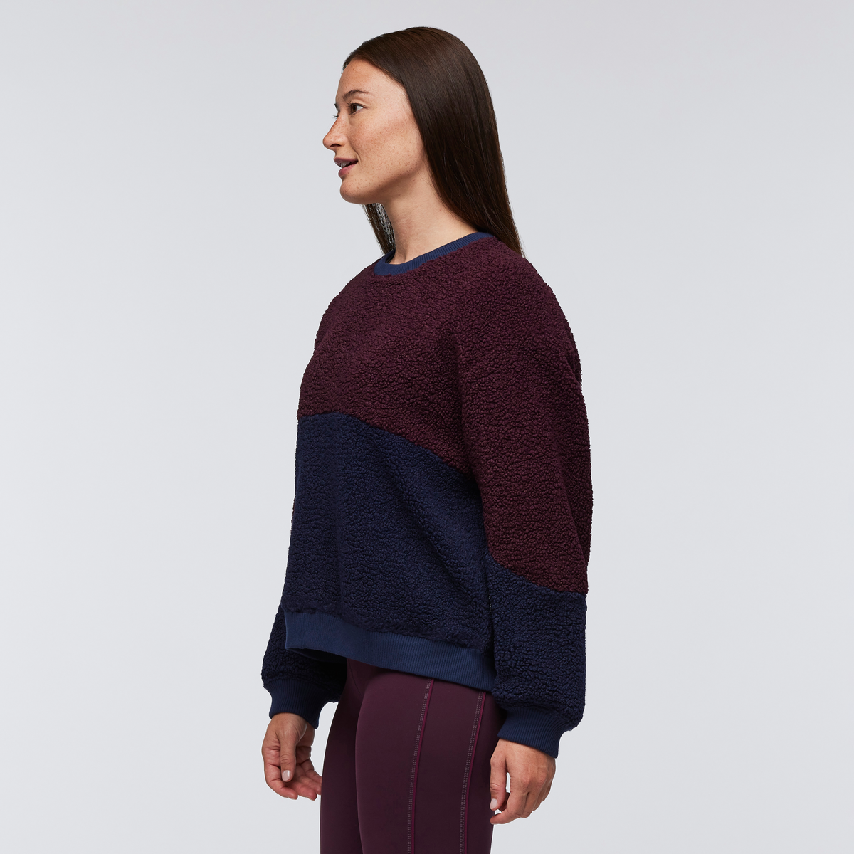 High Pile Fleece Crew - Women's, Wine/Maritime, Model Aya