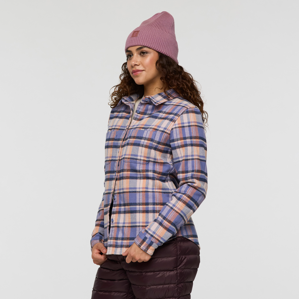 Mero Organic Flannel Shirt - Women's, Blue Smoke/Quartz Plaid, Model Avery