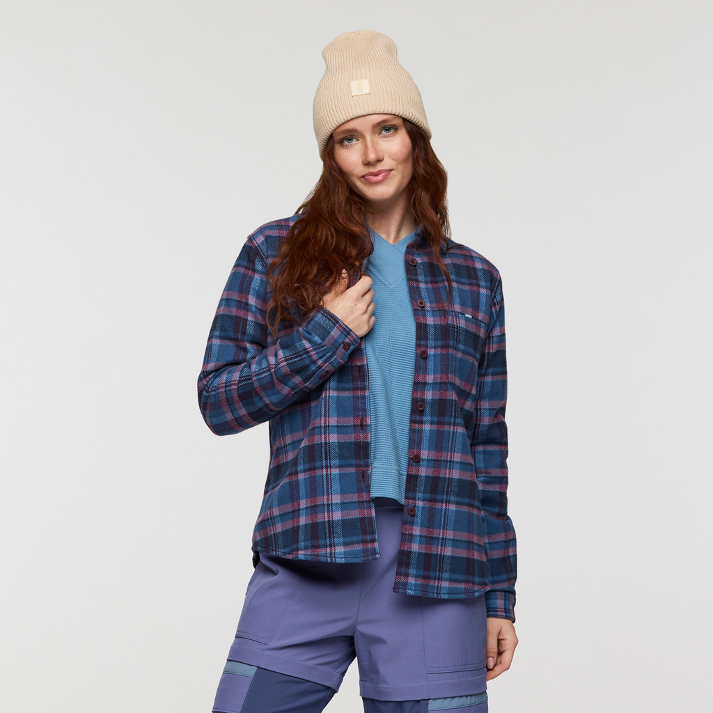 Mero Organic Flannel Shirt - Women's, Deep Sea/Jam Plaid, Model Caitlyn