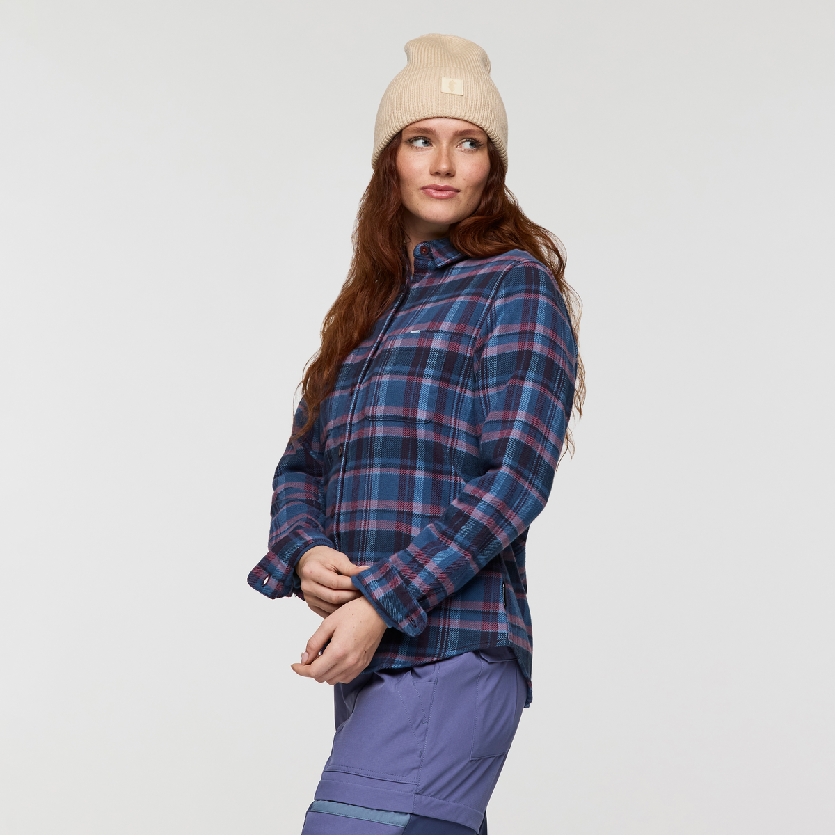 Mero Organic Flannel Shirt - Women's, Deep Sea/Jam Plaid, Model Caitlyn