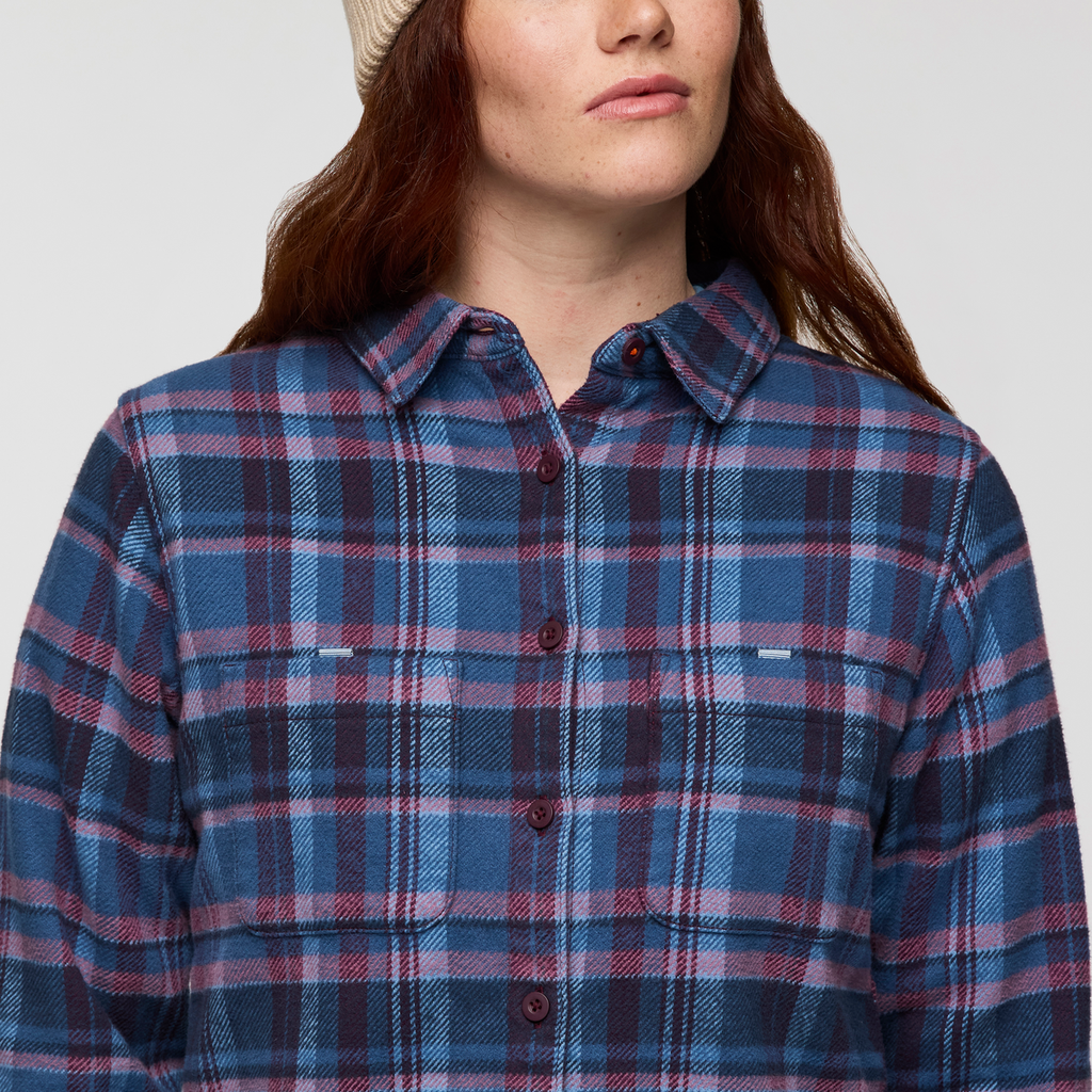 Mero Organic Flannel Shirt - Women's, Deep Sea/Jam Plaid, Model Caitlyn