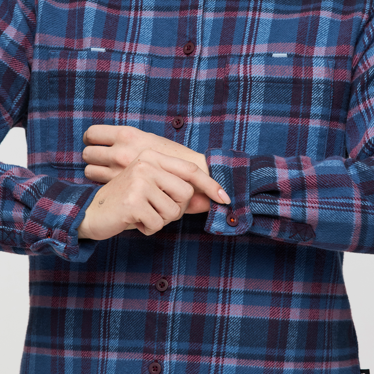 Mero Organic Flannel Shirt - Women's, Deep Sea/Jam Plaid, Model Caitlyn