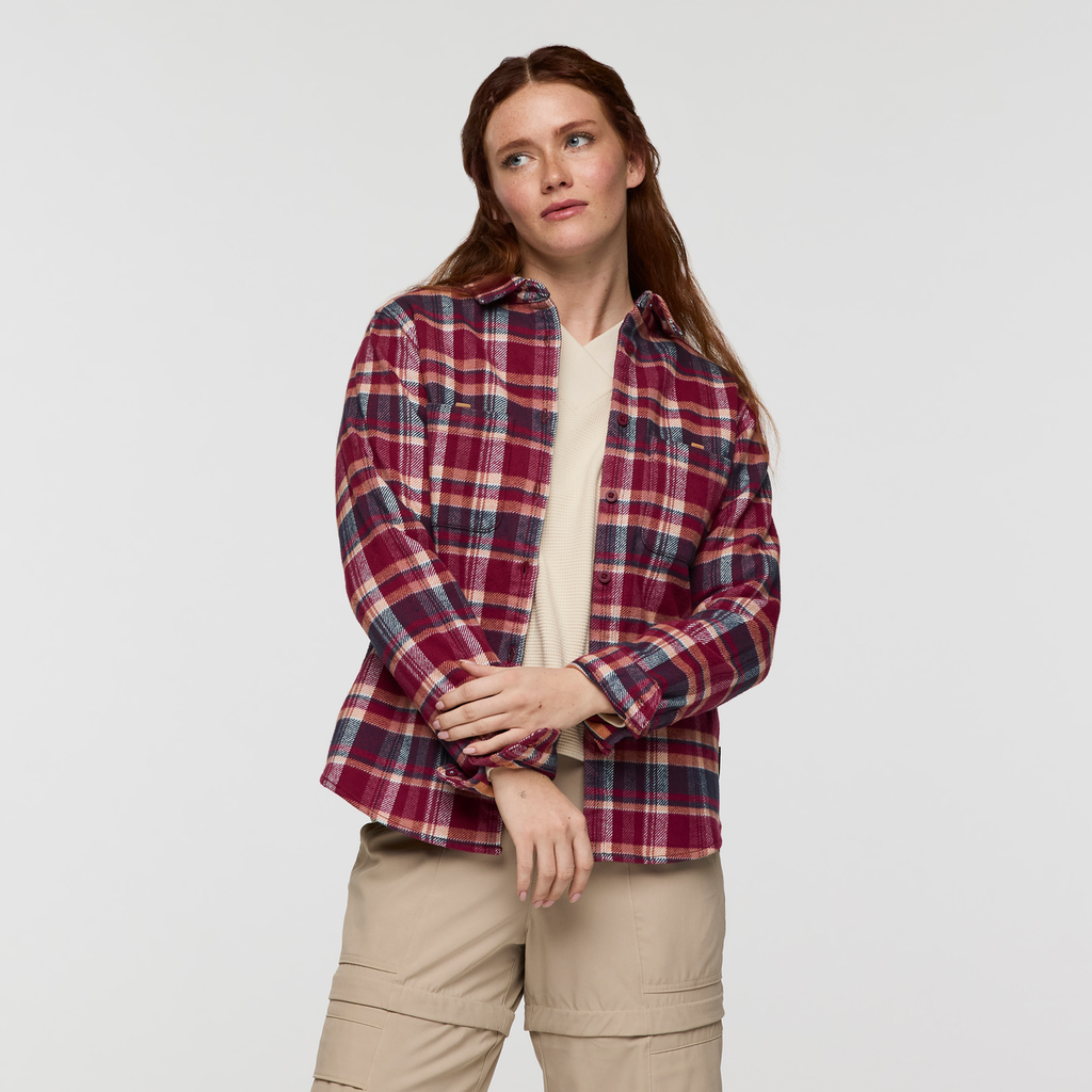 Mero Organic Flannel Shirt - Women's, Jam/Iceberg Plaid, Model Caitlyn