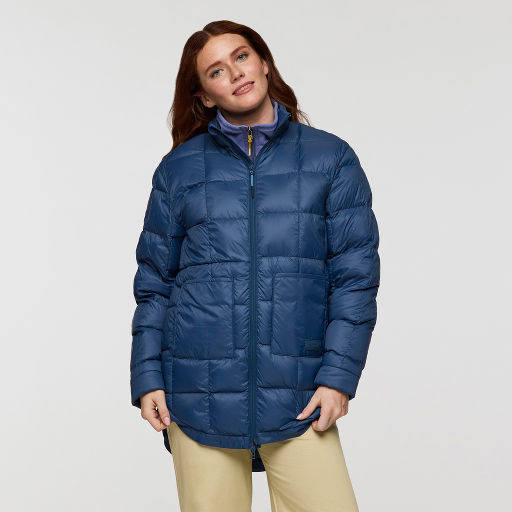 Repleto Down Long Jacket - Women's, Deep Sea, Model Caitlyn