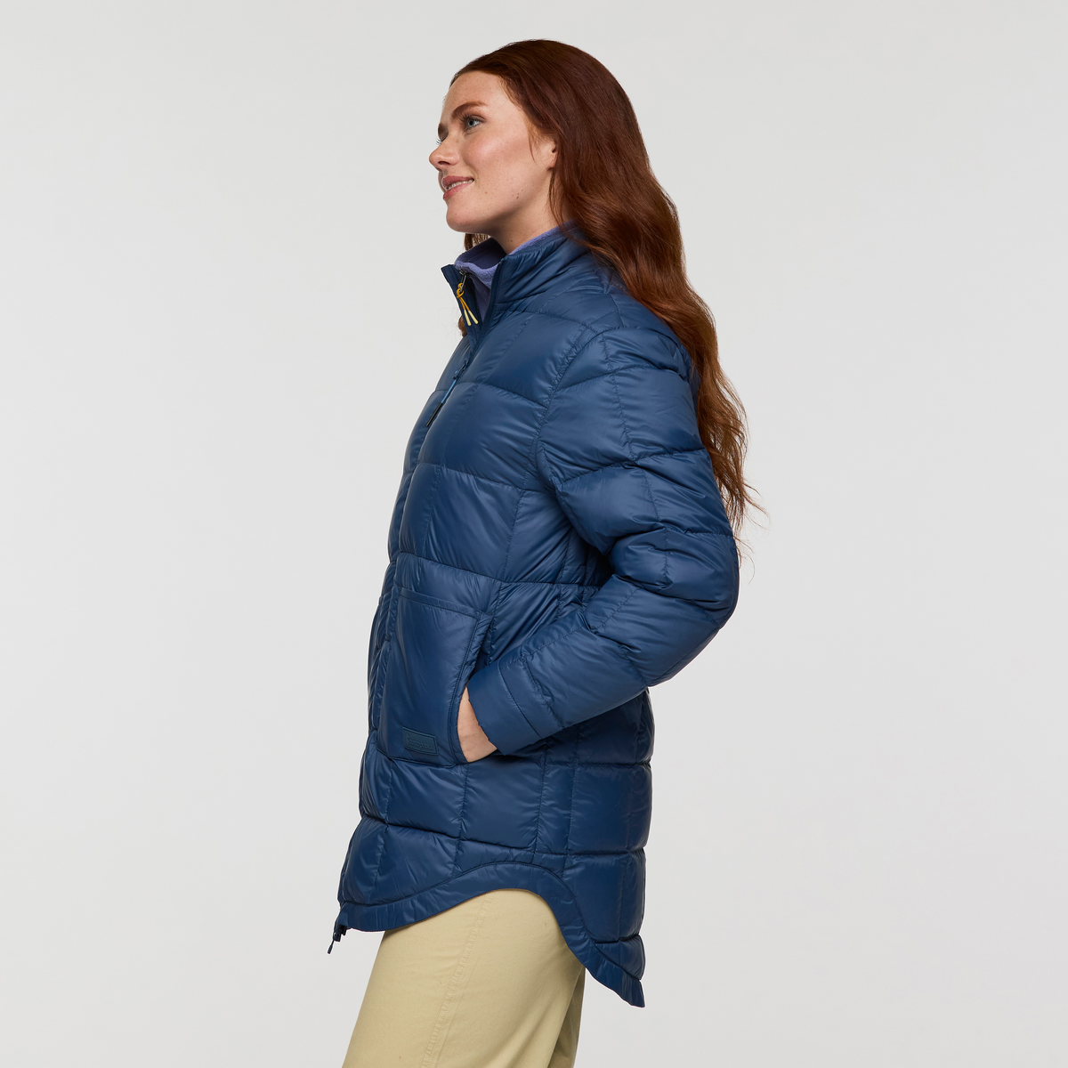 Repleto Down Long Jacket - Women's, Deep Sea, Model Caitlyn