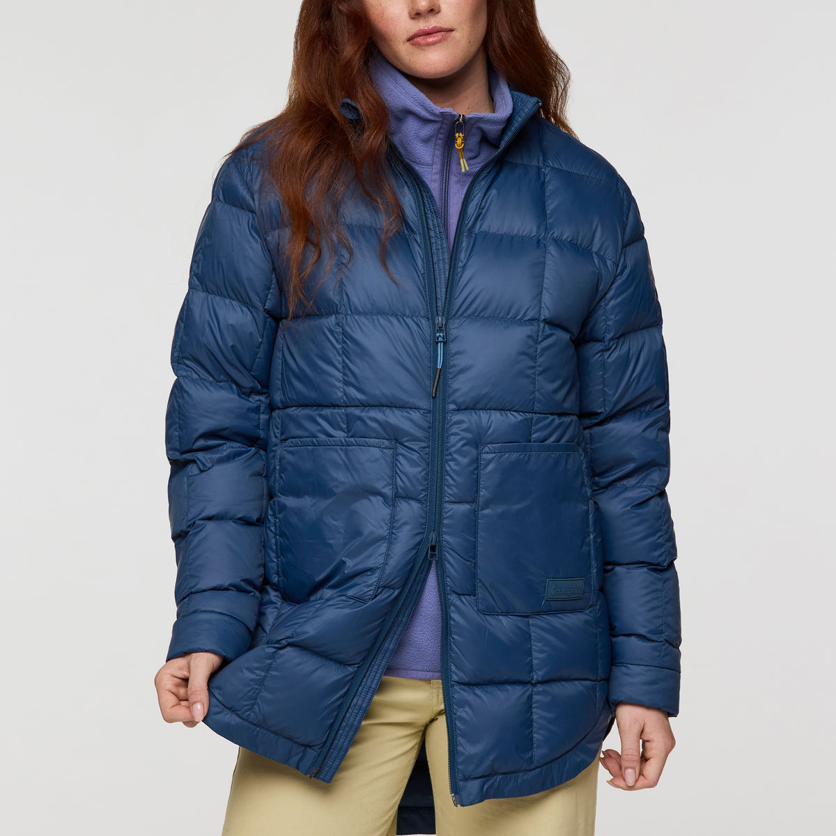 Repleto Down Long Jacket - Women's, Deep Sea, Model Caitlyn