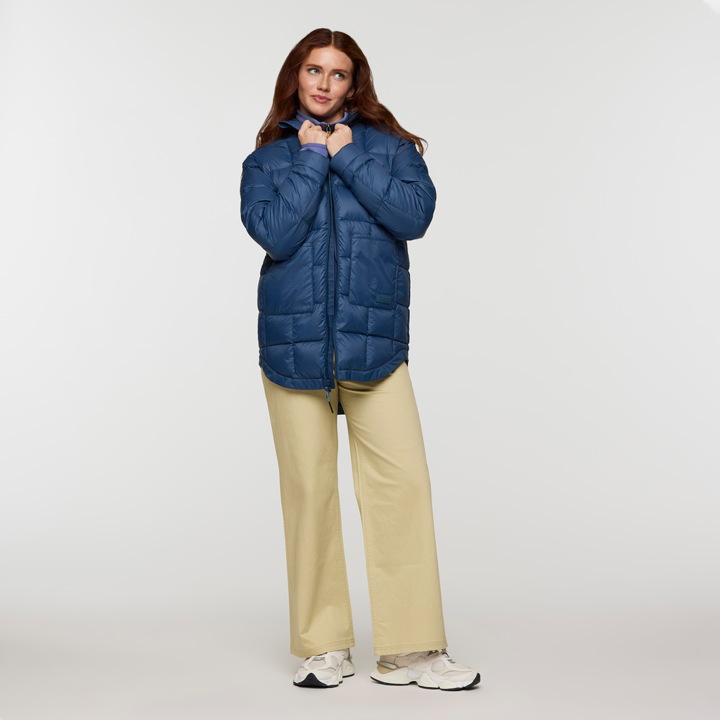 Repleto Down Long Jacket - Women's, Deep Sea, Model Caitlyn