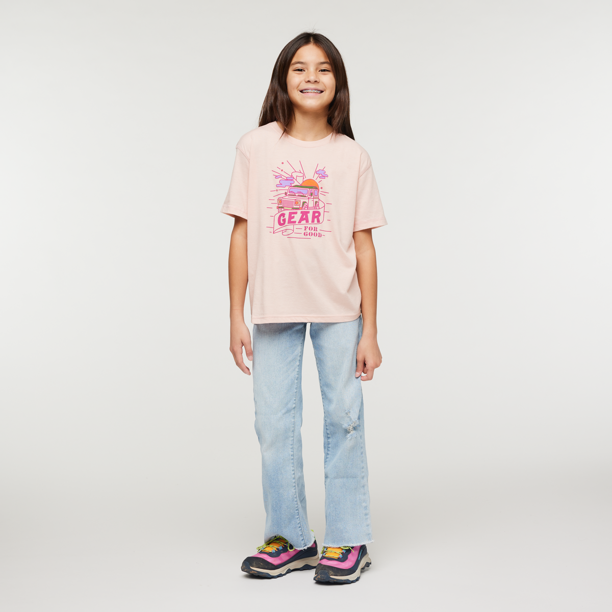 Are We There Yet Organic T-Shirt - Kids', Sand, Model Scarlett