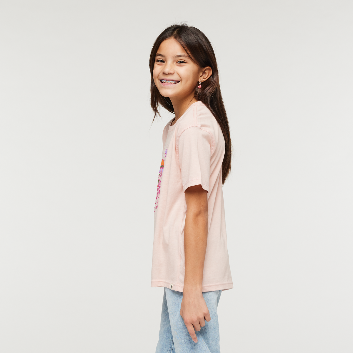 Are We There Yet Organic T-Shirt - Kids', Sand, Model Scarlett