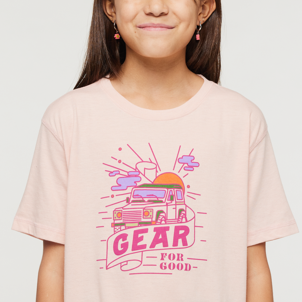Are We There Yet Organic T-Shirt - Kids', Sand, Model Scarlett