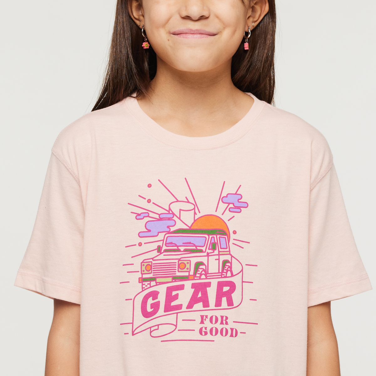 Are We There Yet Organic T-Shirt - Kids', Sand, Model Scarlett