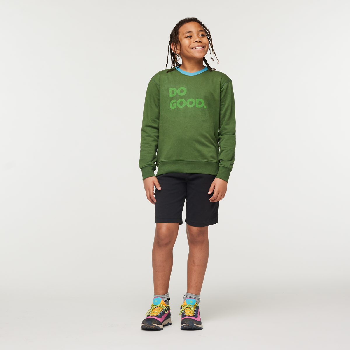 Do Good Organic Crew Sweatshirt - Kids', Forest, Model Isaiah