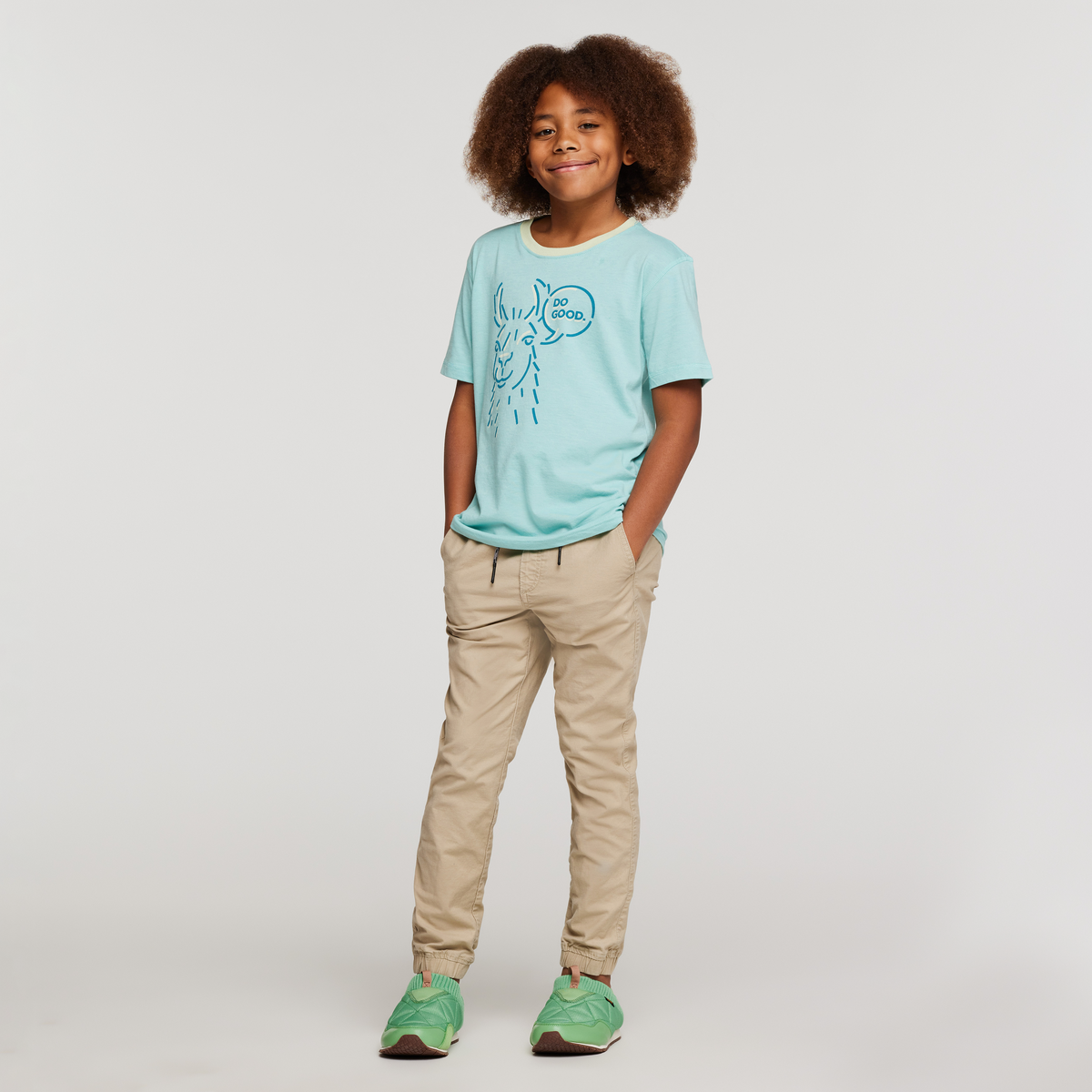 Talking Llama Organic T-Shirt - Kids', Sea Glass, Model Isaiah