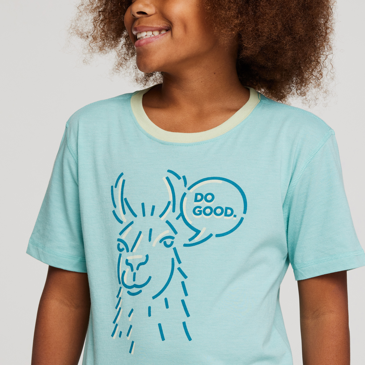 Talking Llama Organic T-Shirt - Kids', Sea Glass, Model Isaiah