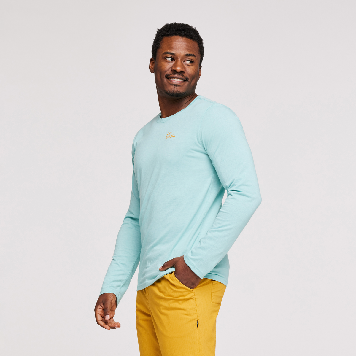 Cactus Life Long-Sleeve Organic T-Shirt - Men's, Sea Glass, Model Jeremy