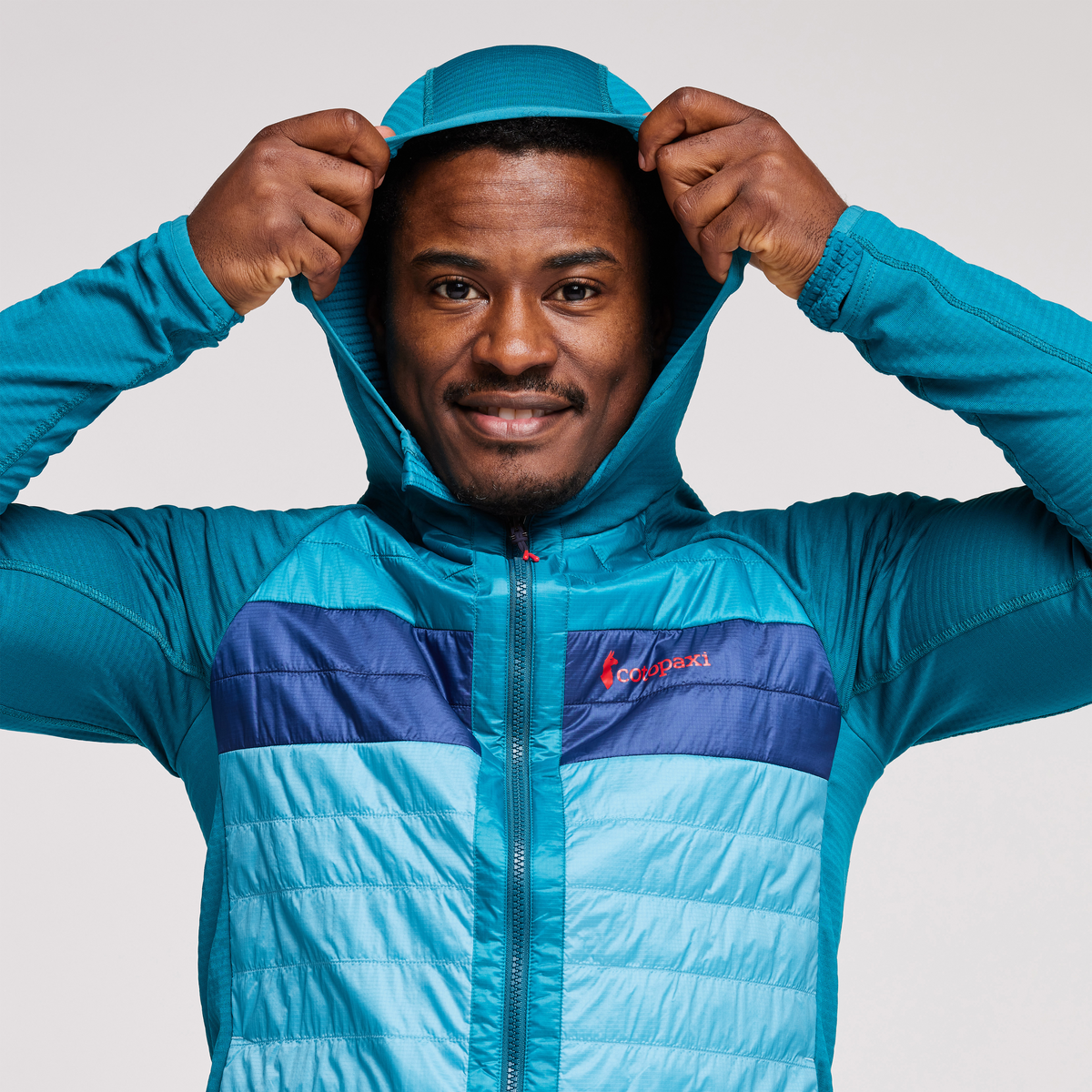 Capa Hybrid Insulated Hooded Jacket - Men's, Gulf/Poolside, Model Jeremy