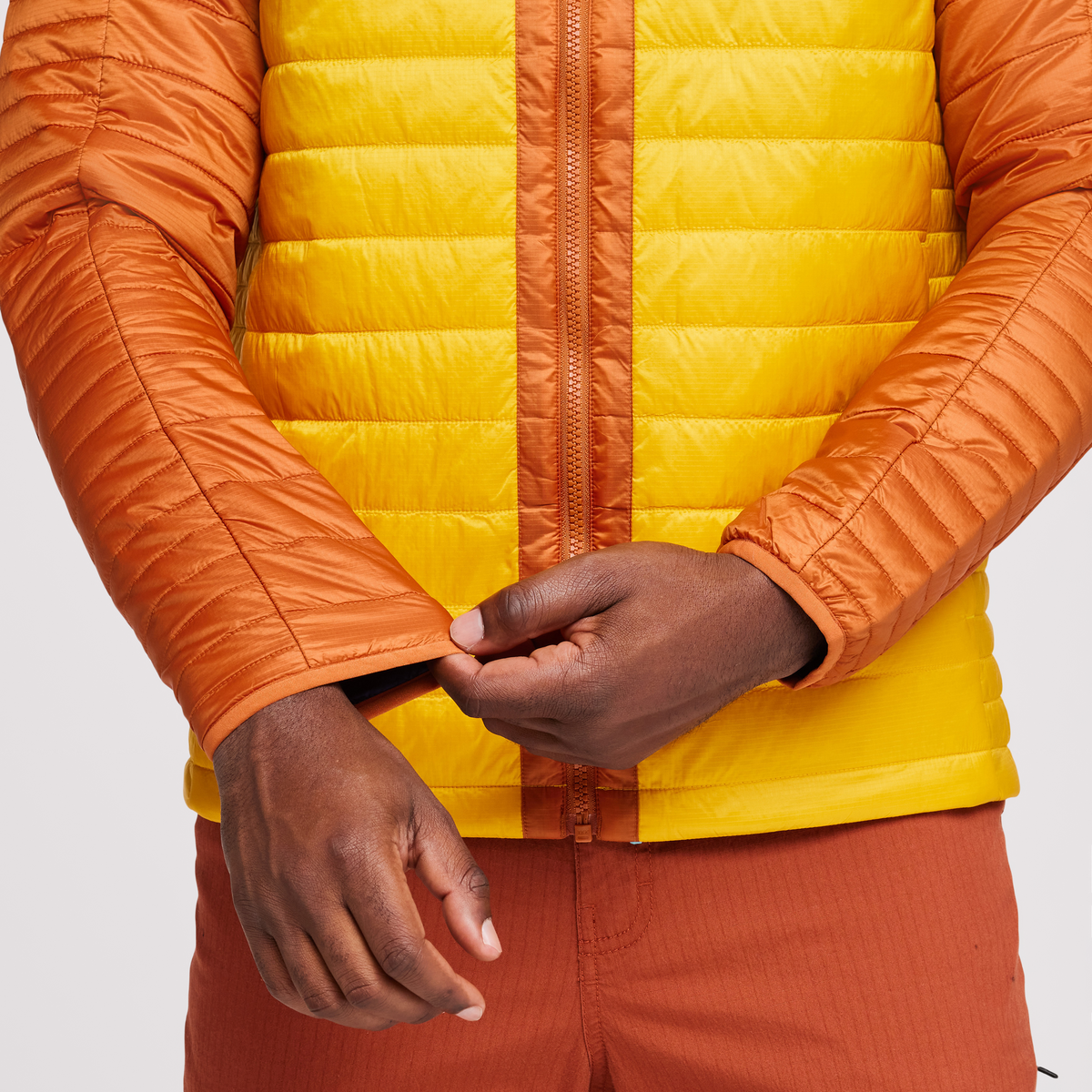Capa Insulated Hooded Jacket - Men's, Mezcal/Sunset, Model Jeremy