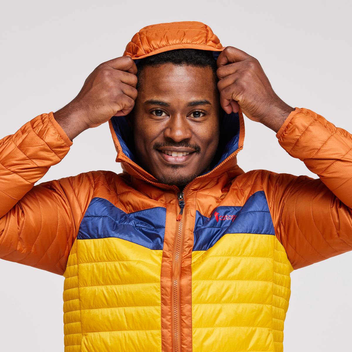 Capa Insulated Hooded Jacket - Men's, Mezcal/Sunset, Model Jeremy