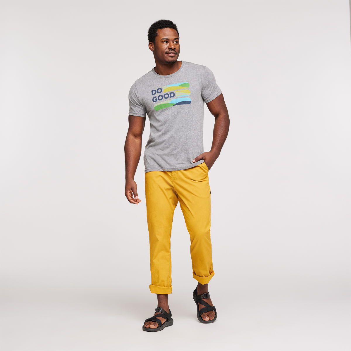 Do Good Stripe Organic T-Shirt - Men's, Heather Grey, Model Jeremy