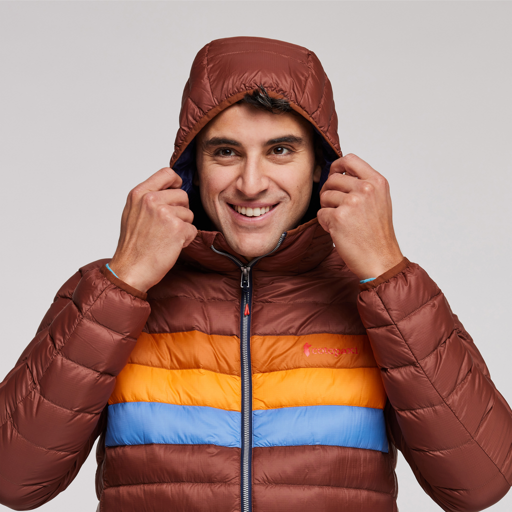 Fuego Down Hooded Jacket - Men's, Acorn Stripes, Model Munther