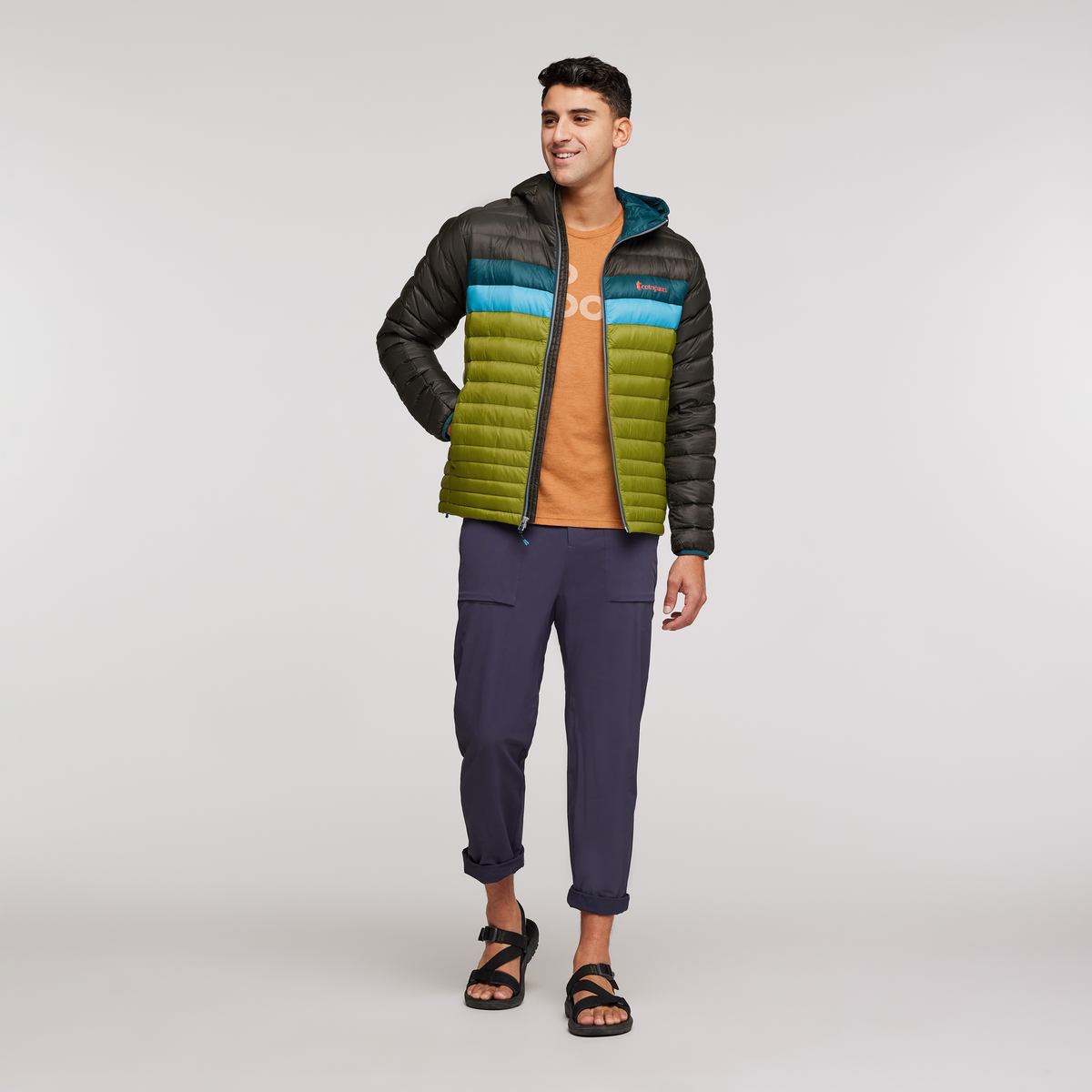 Fuego Hooded Down Jacket - Men's, Iron/Cedar, Model Munther