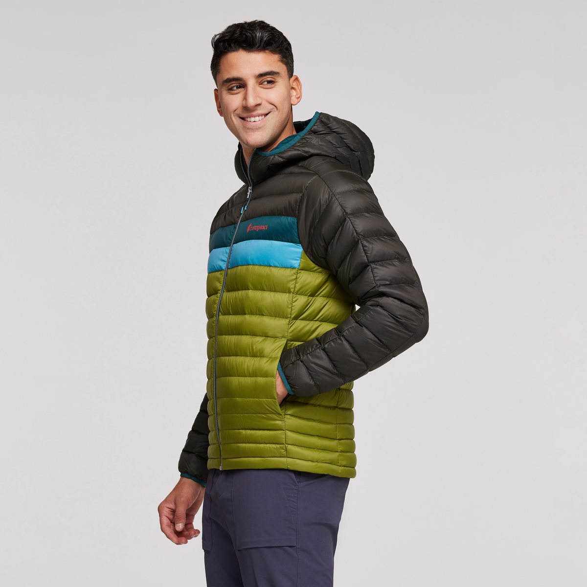 Fuego Hooded Down Jacket - Men's, Iron/Cedar, Model Munther