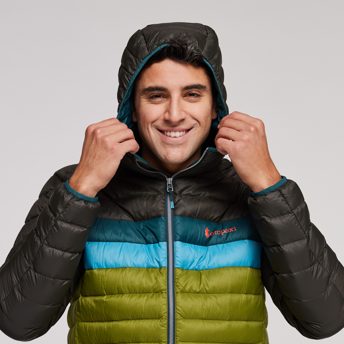 Fuego Hooded Down Jacket - Men's, Iron/Cedar, Model Munther