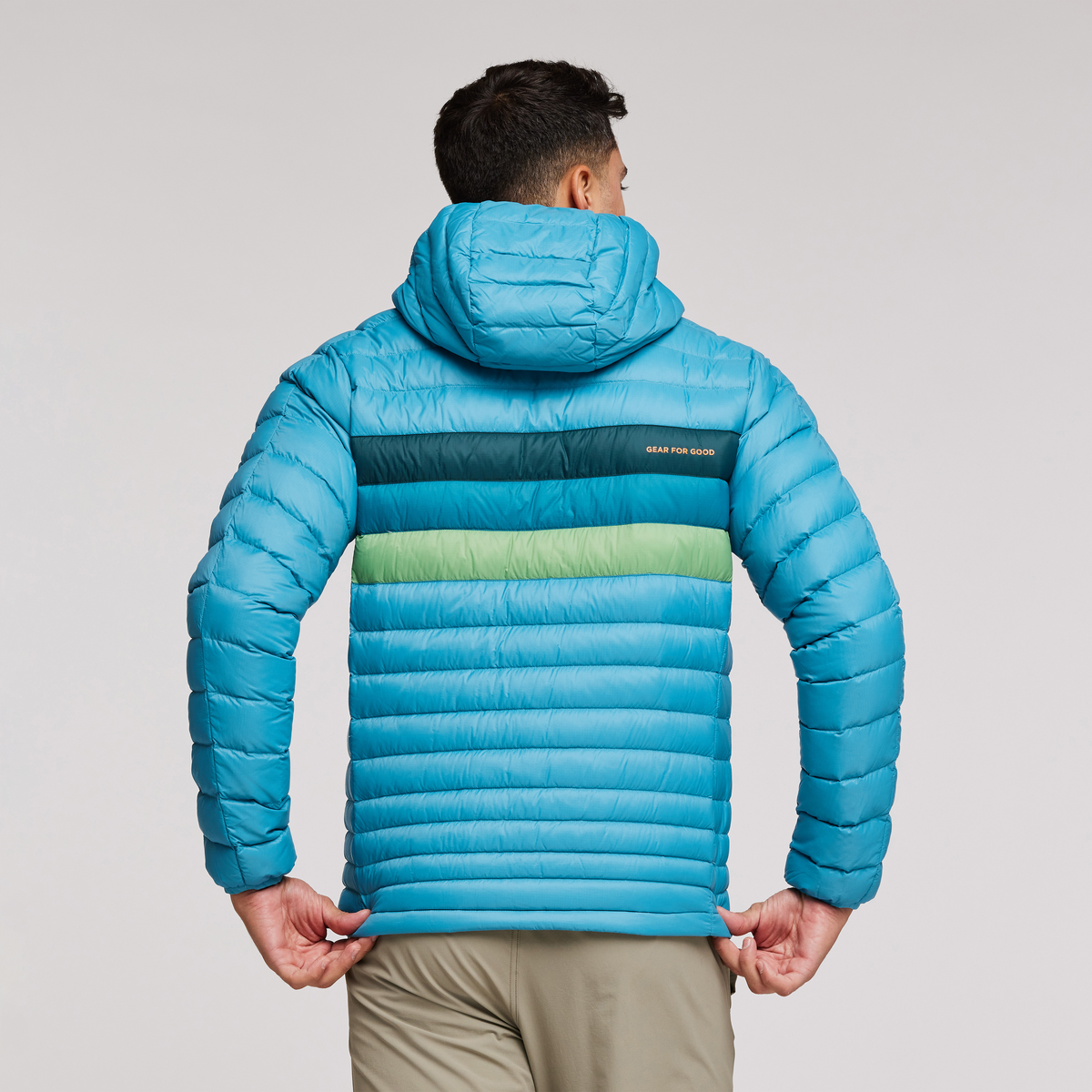 Fuego Hooded Down Jacket - Men's, Poolside Stripes, Model Munther
