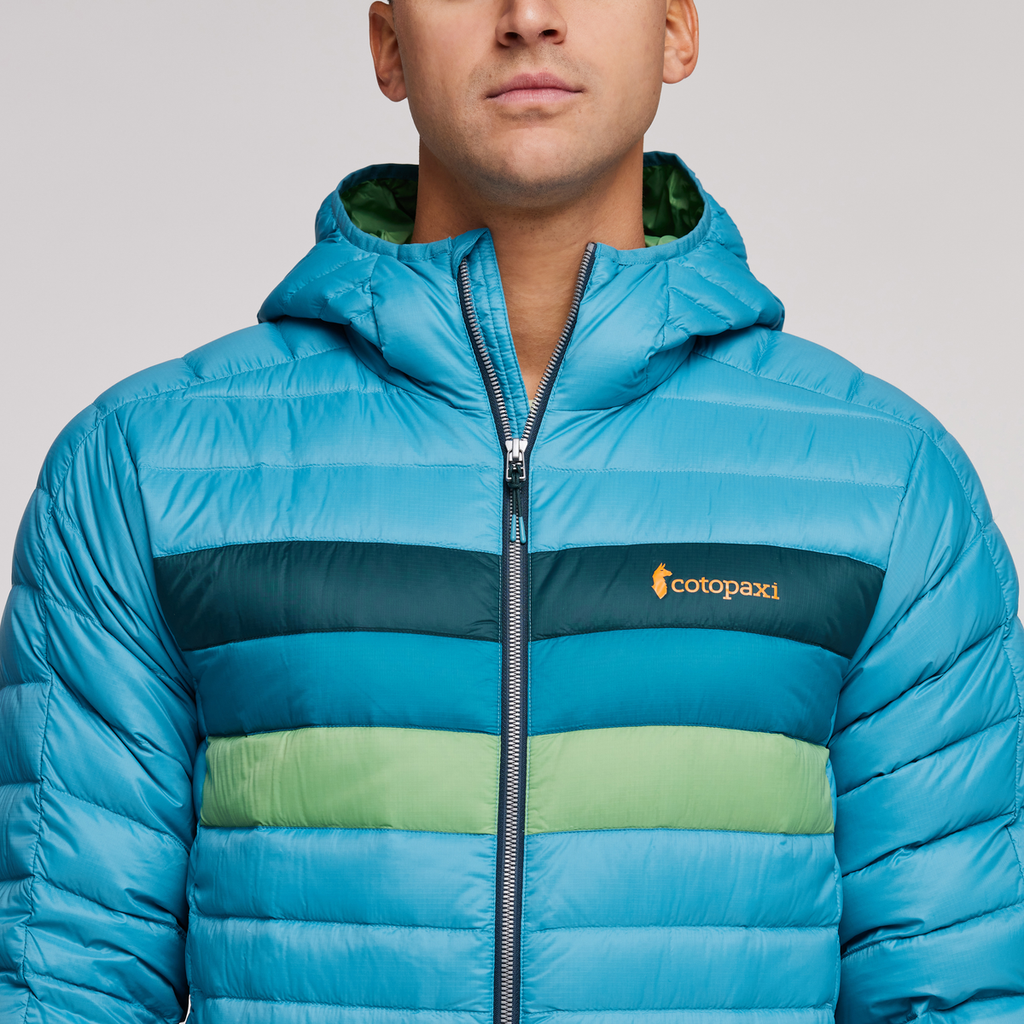Fuego Hooded Down Jacket - Men's, Poolside Stripes, Model Munther