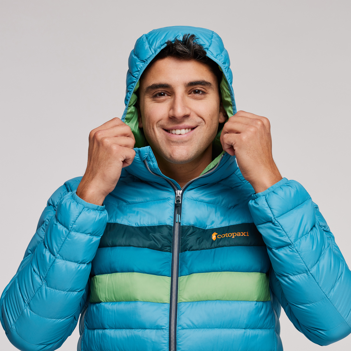 Fuego Hooded Down Jacket - Men's, Poolside Stripes, Model Munther