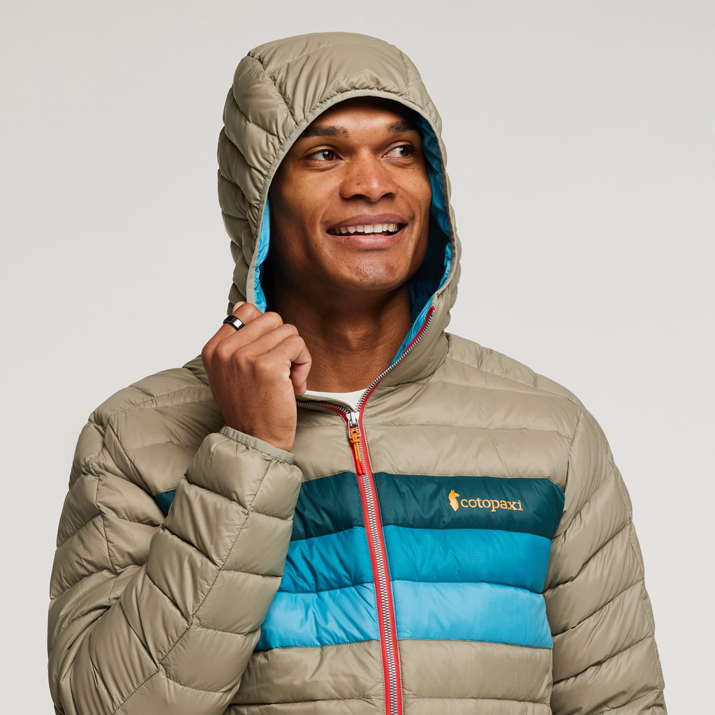 Fuego Down Hooded Jacket - Men's, Stone Stripes, Model Jason