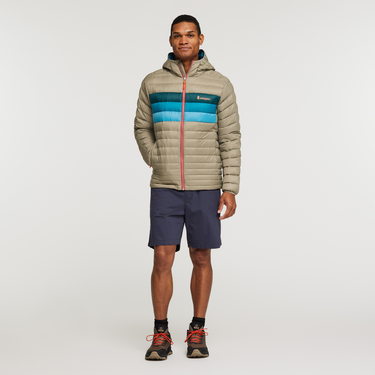 Fuego Down Hooded Jacket - Men's, Stone Stripes, Model Jason