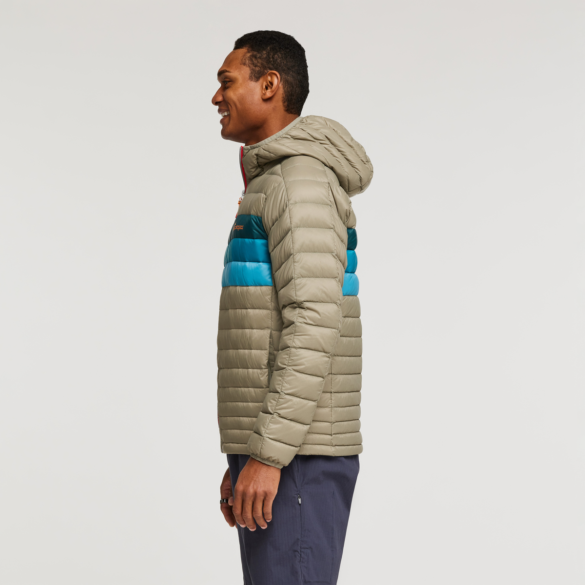 Fuego Down Hooded Jacket - Men's, Stone Stripes, Model Jason