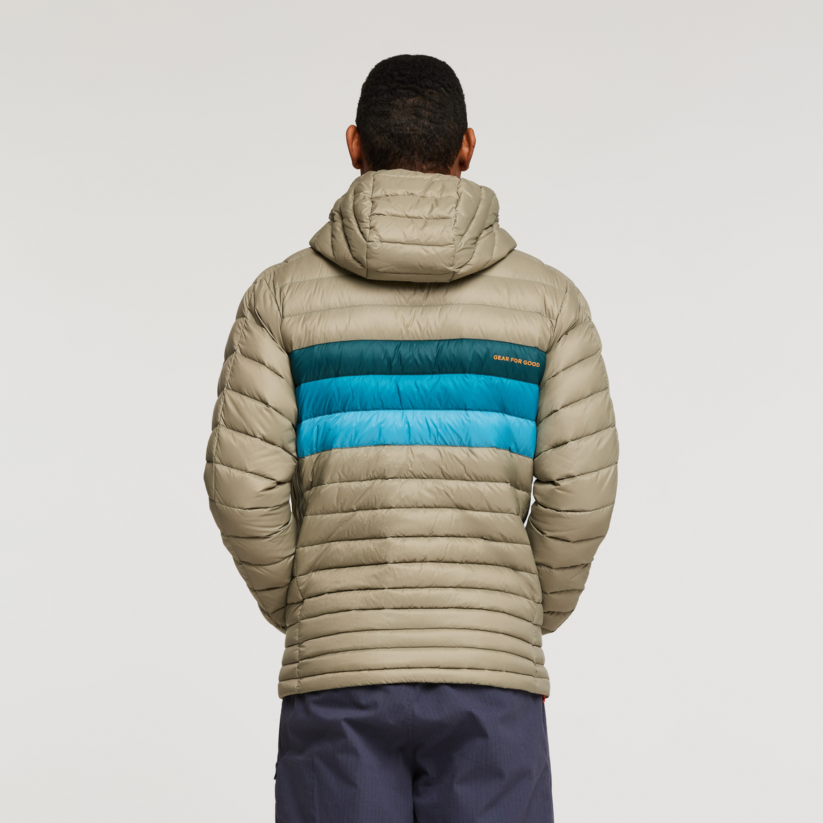 Fuego Down Hooded Jacket - Men's, Stone Stripes, Model Jason