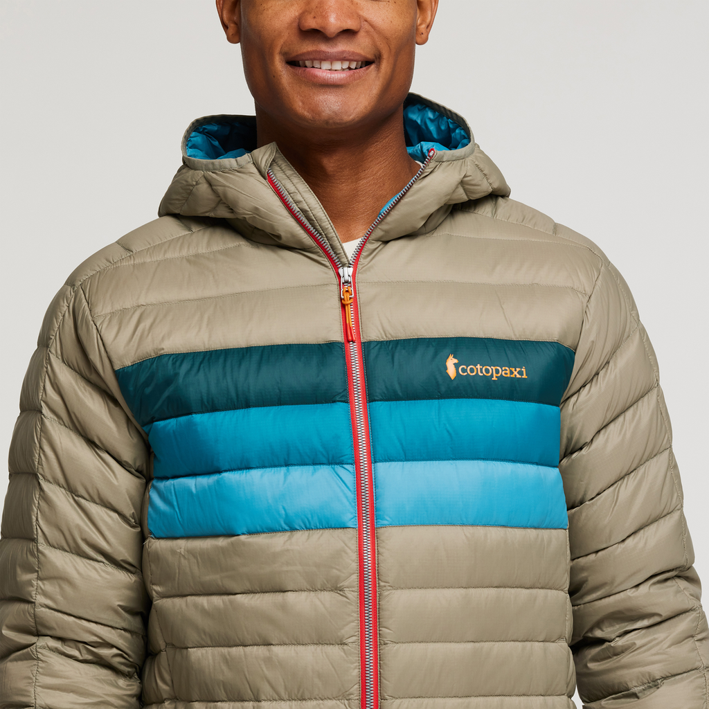 Fuego Down Hooded Jacket - Men's, Stone Stripes, Model Jason