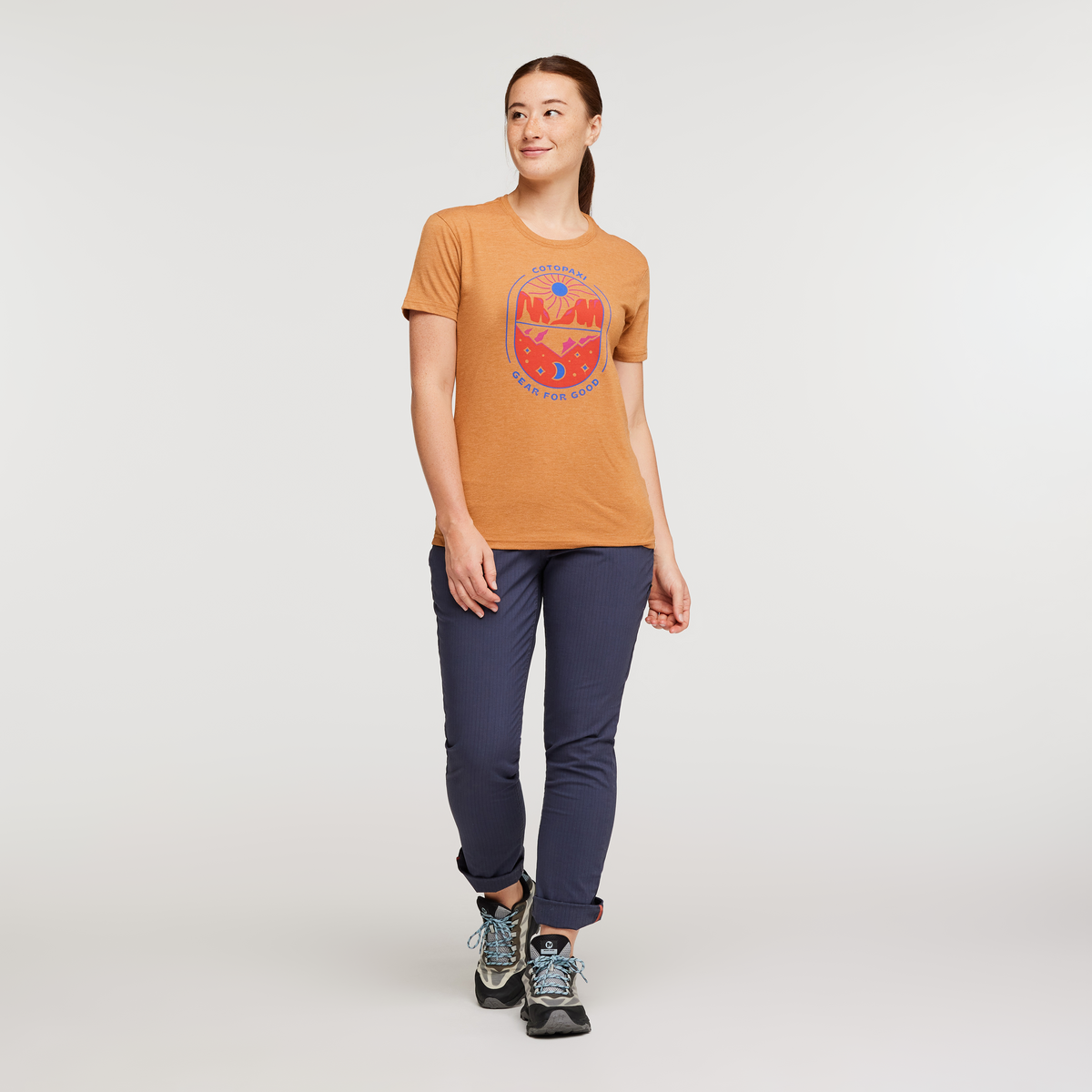 Day and Night Organic T-Shirt - Women's, Saddle, Model Aya