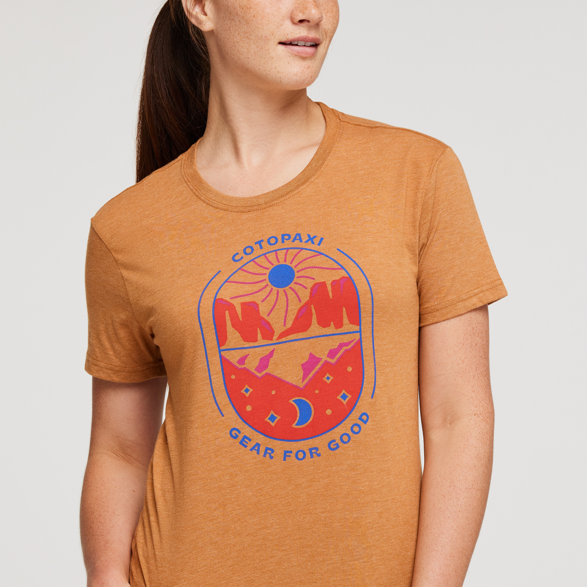 Day and Night Organic T-Shirt - Women's, Saddle, Model Aya