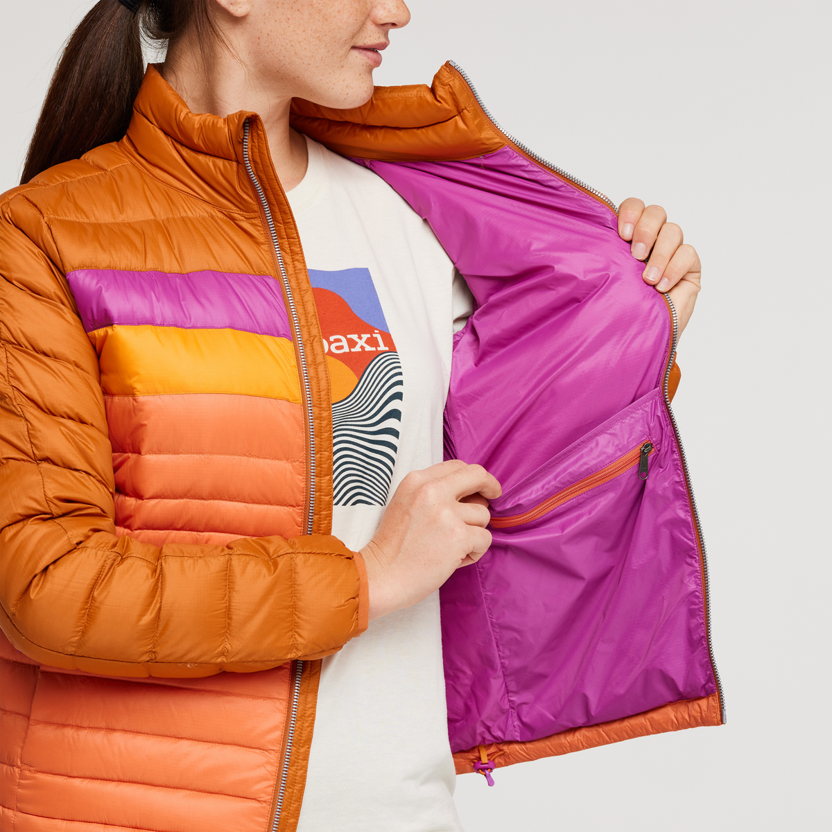 Fuego Down Jacket - Women's, Mezcal/Nectar, Model Aya