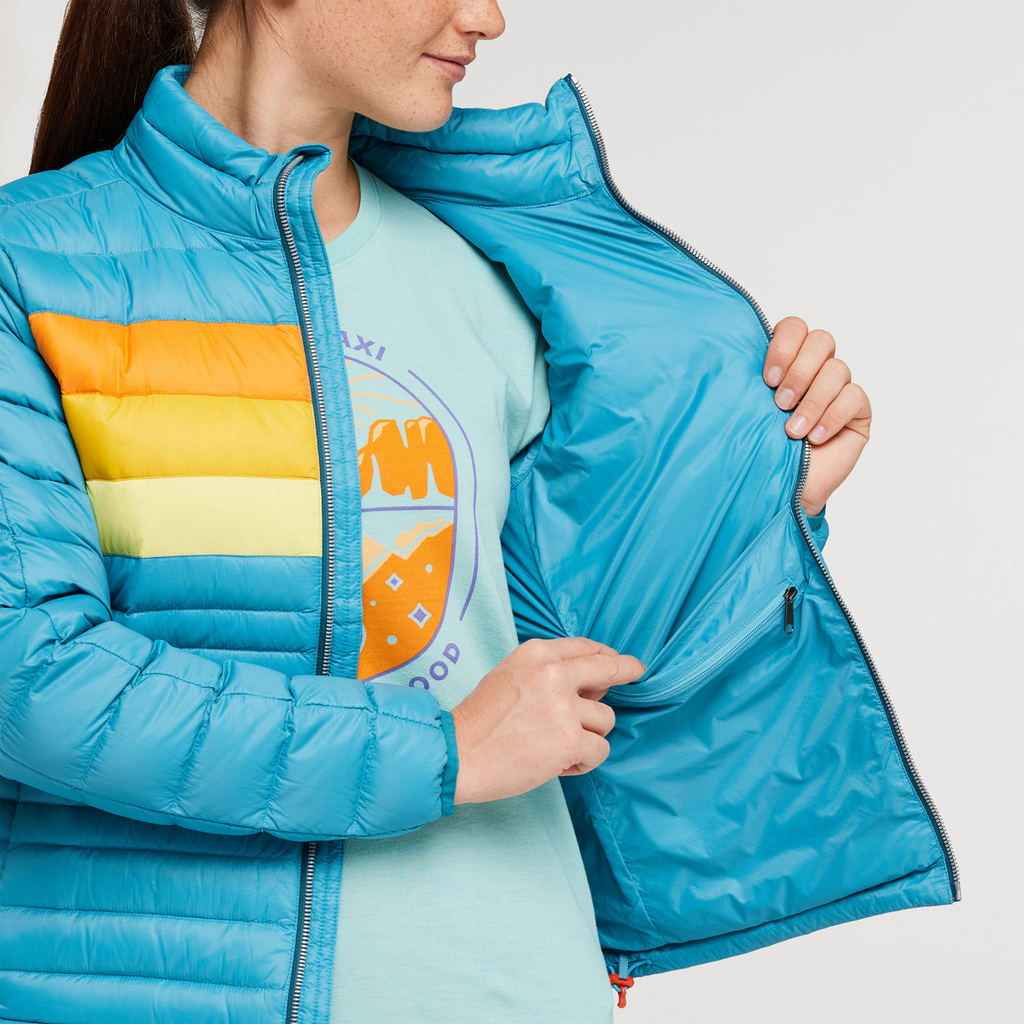 Fuego Down Jacket - Women's, Poolside Stripes, Model Aya