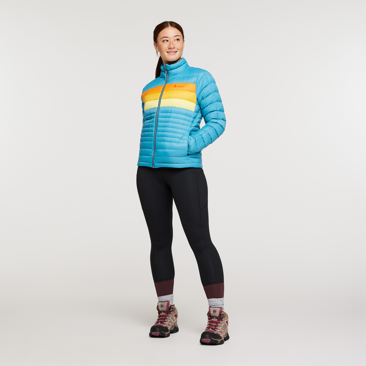 Fuego Down Jacket - Women's, Poolside Stripes, Model Aya