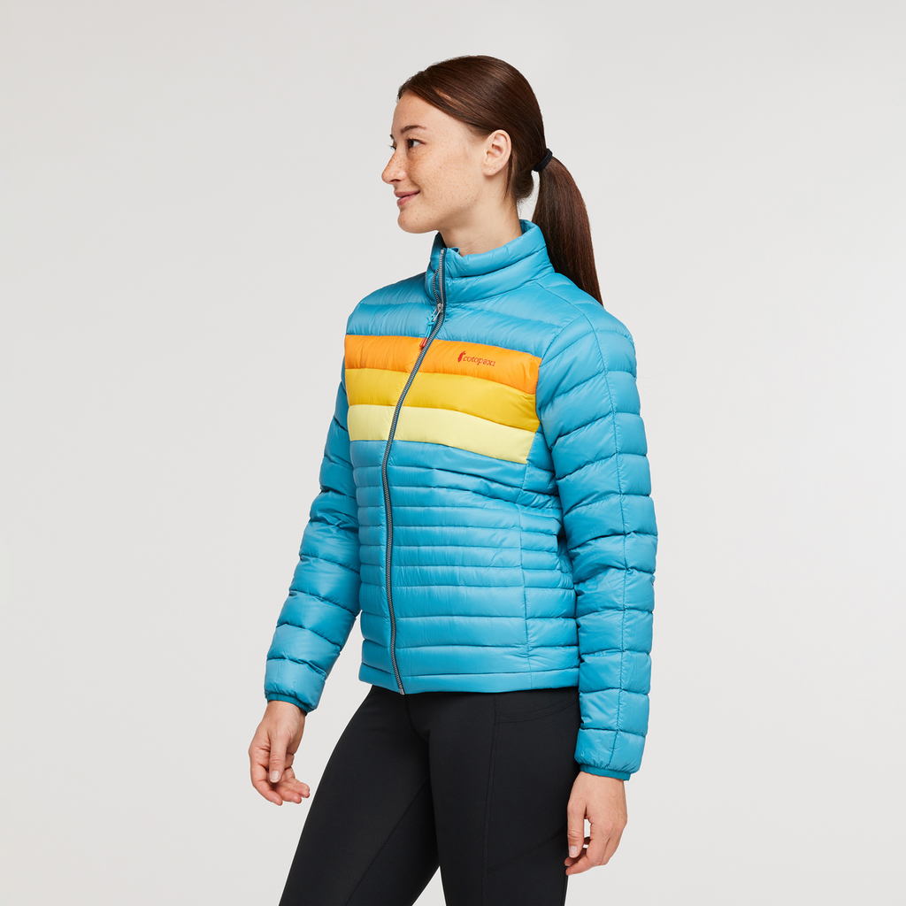 Fuego Down Jacket - Women's, Poolside Stripes, Model Aya