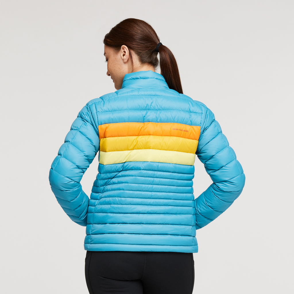 Fuego Down Jacket - Women's, Poolside Stripes, Model Aya