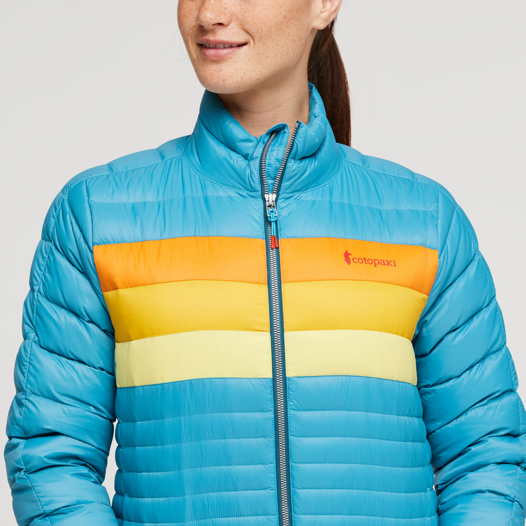 Fuego Down Jacket - Women's, Poolside Stripes, Model Aya